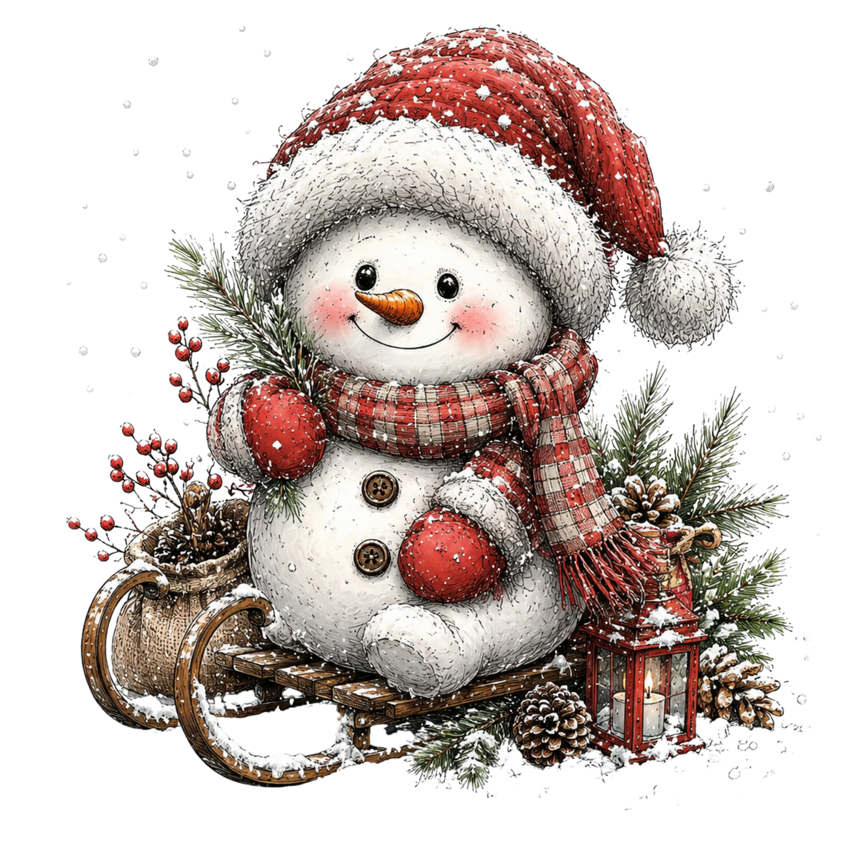 Christmas Whimsy - Snowman Sitting on Sled DTF transfer