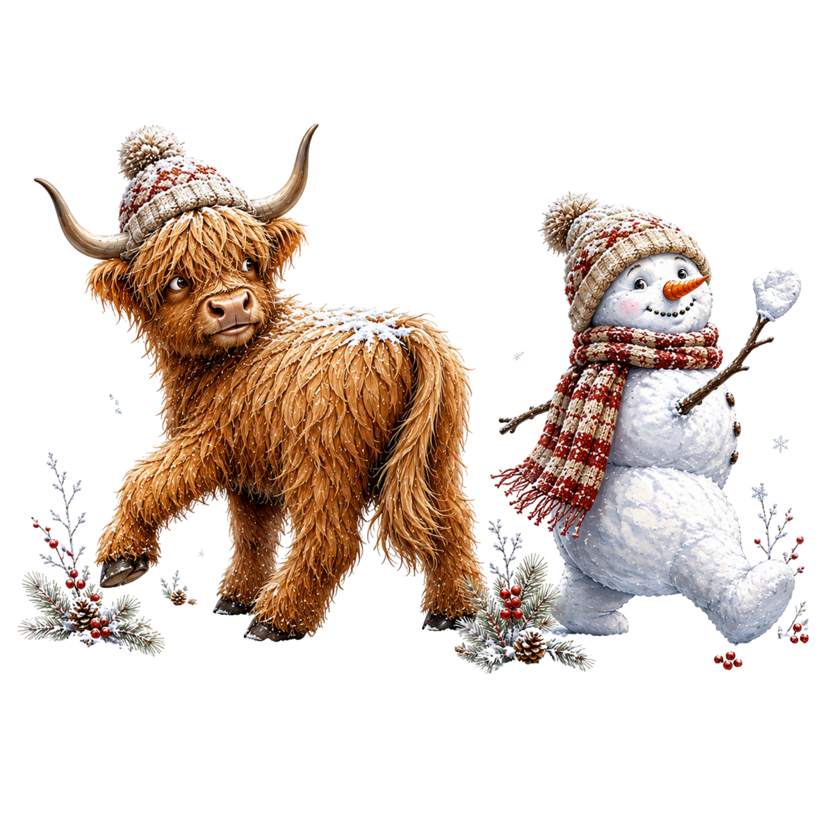 Christmas Whimsy - Highland Cow and Waving Snowman DTF transfer