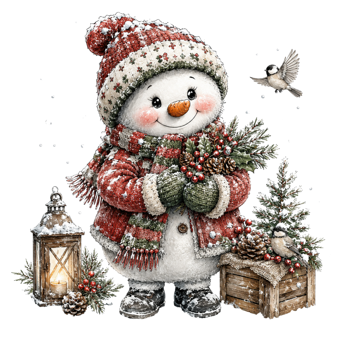 Christmas Whimsy - Snowman with Lantern and Chickadee DTF transfer