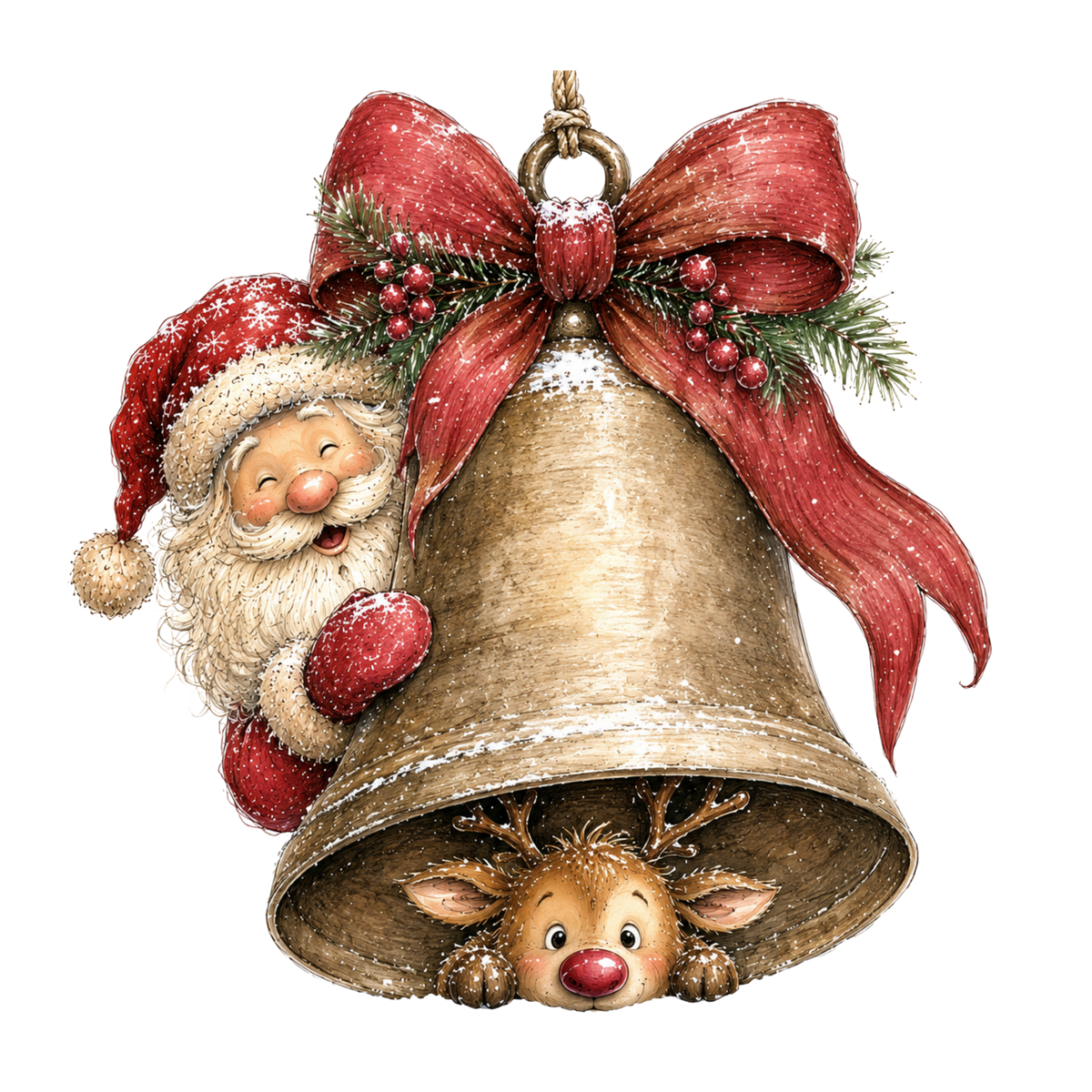 Christmas Whimsy - Santa and Reindeer with Golden Bell DTF transfer