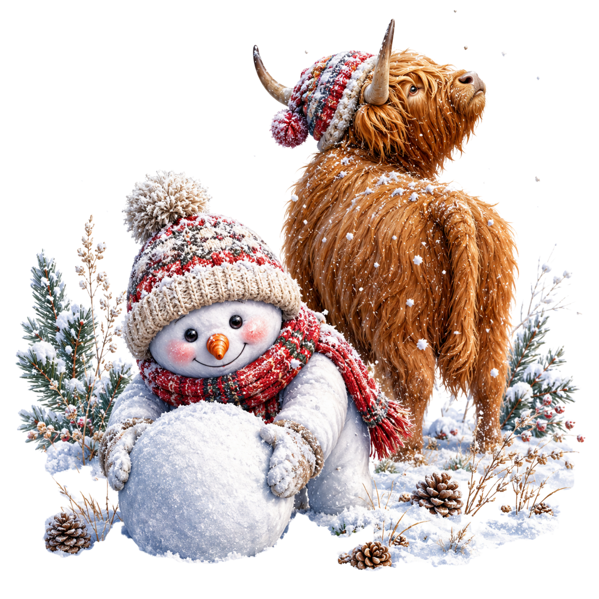 Christmas Whimsy - Highland Cow and Snowman Rolling Snowball DTF transfer