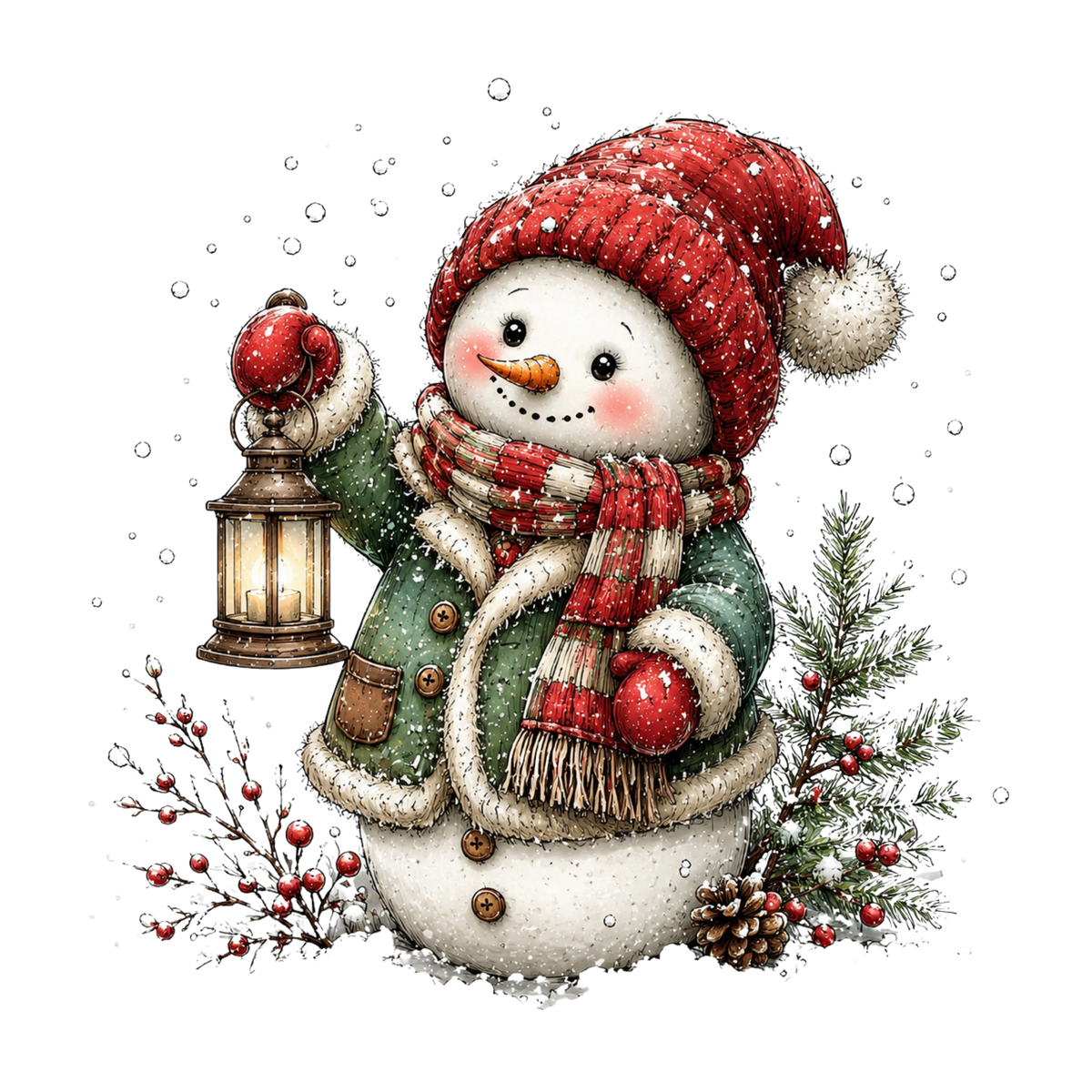 Christmas Whimsy - Snowman in Green Coat with Lantern DTF transfer