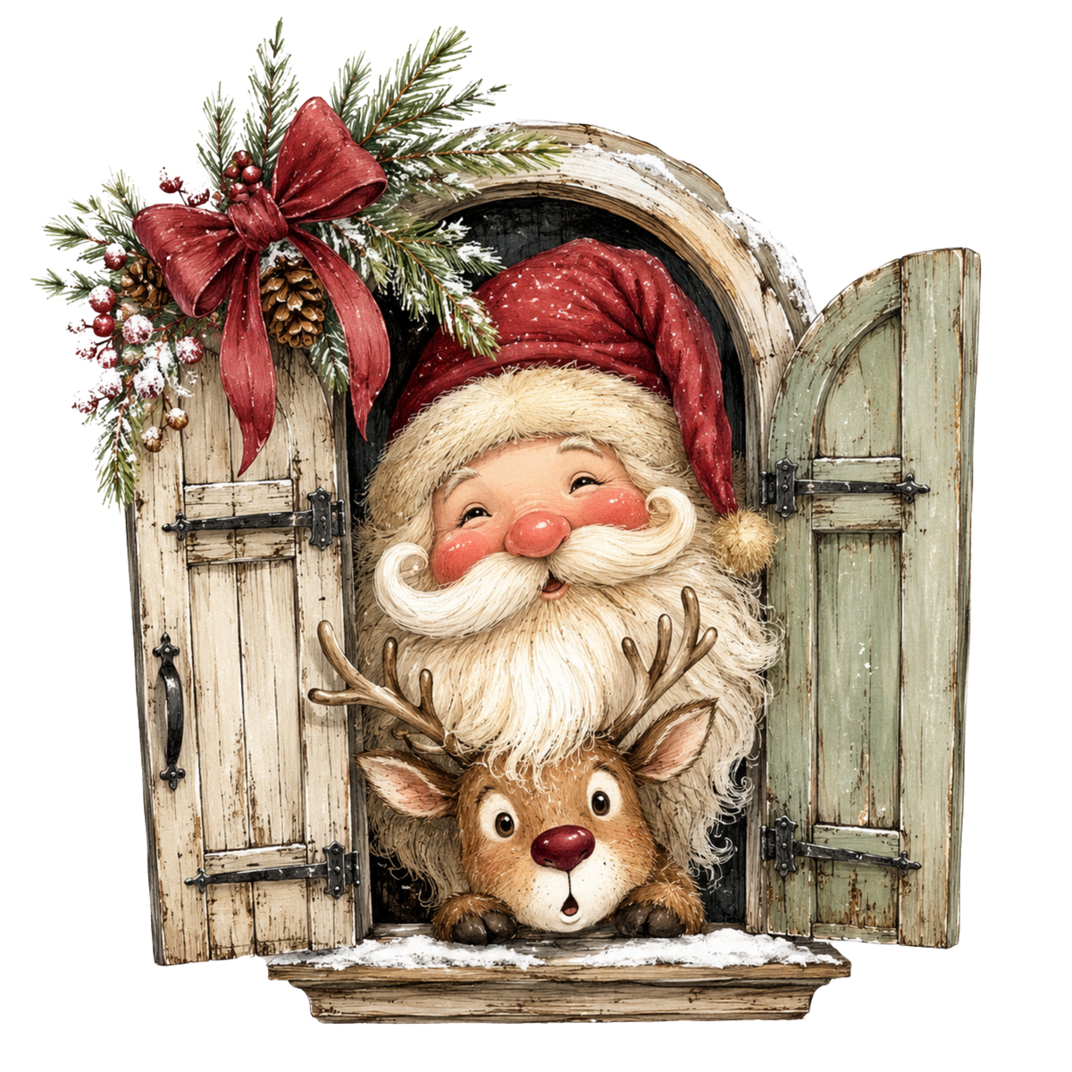 Christmas Whimsy - Santa and Reindeer at the Window DTF transfer