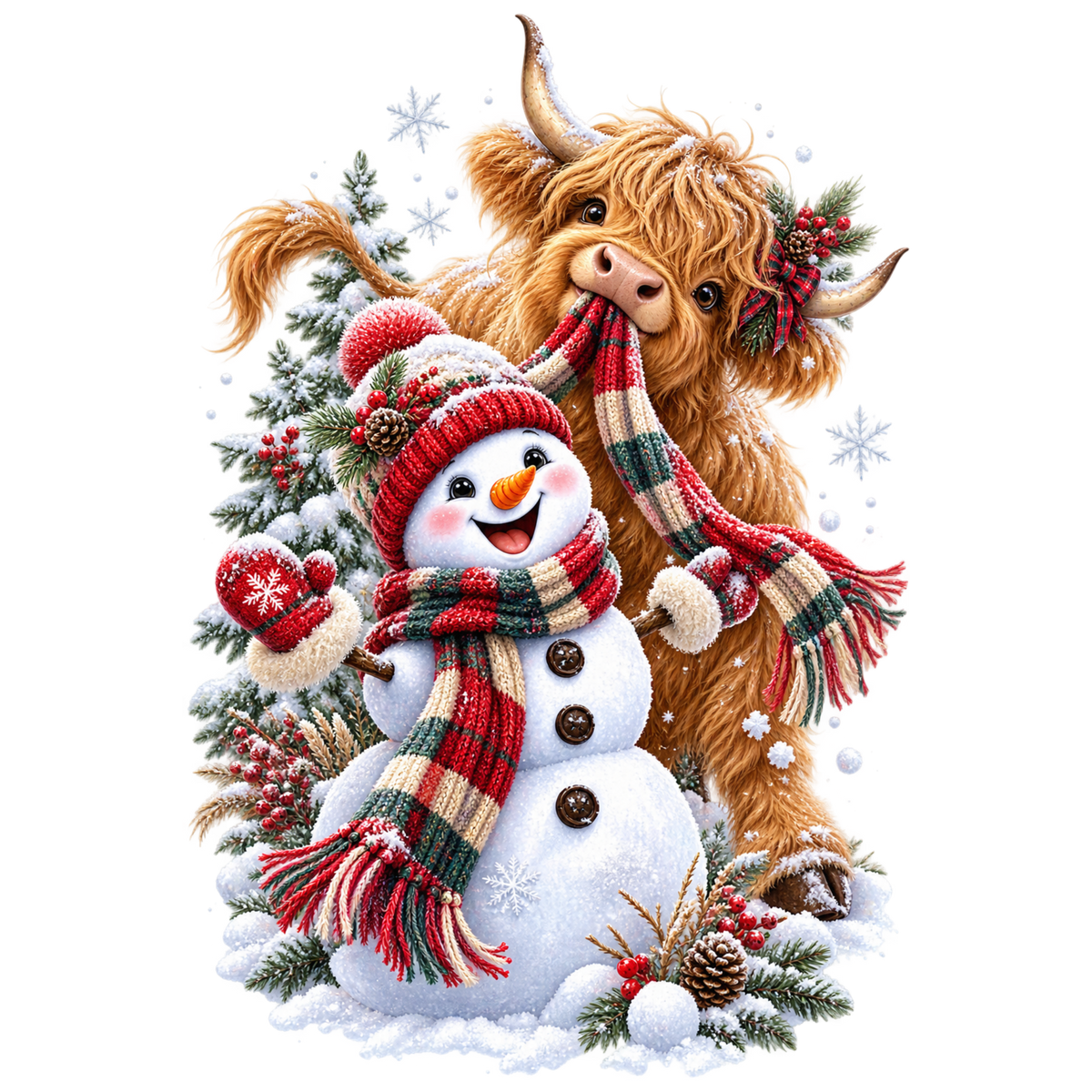 Christmas Whimsy - Highland Cow and Plaid Snowman DTF transfer