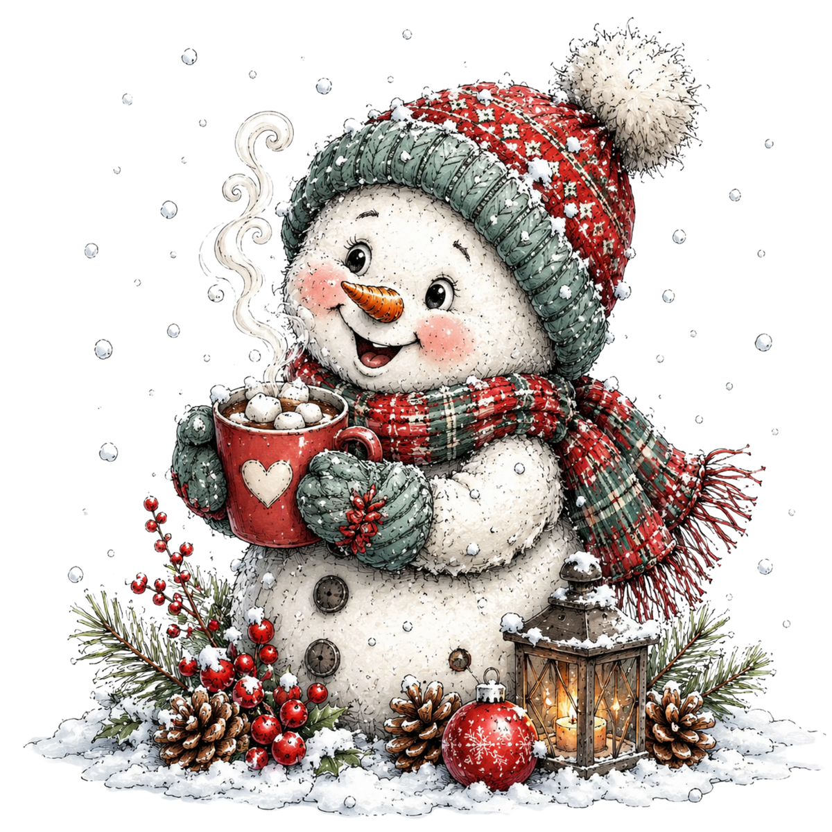 Christmas Whimsy - Snowman with Cocoa Mug DTF transfer