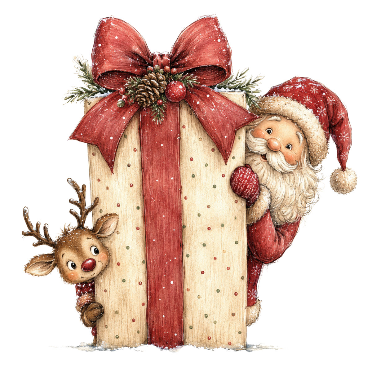 Christmas Whimsy - Santa and Reindeer with Giant Gift DTF transfer