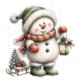 Christmas Whimsy - Snowman in Green Hat with Sled DTF transfer