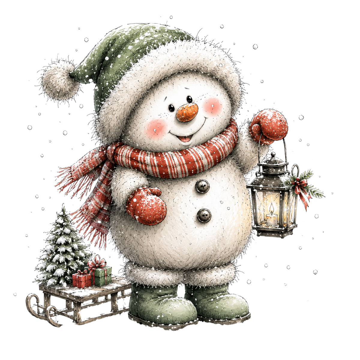 Christmas Whimsy - Snowman in Green Hat with Sled DTF transfer