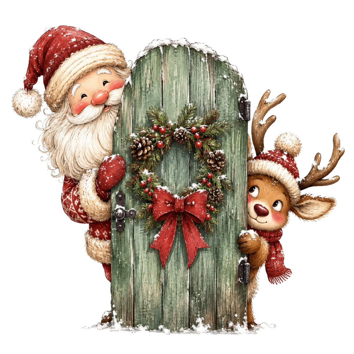 Christmas Whimsy - Santa and Reindeer at the Green Door DTF transfer