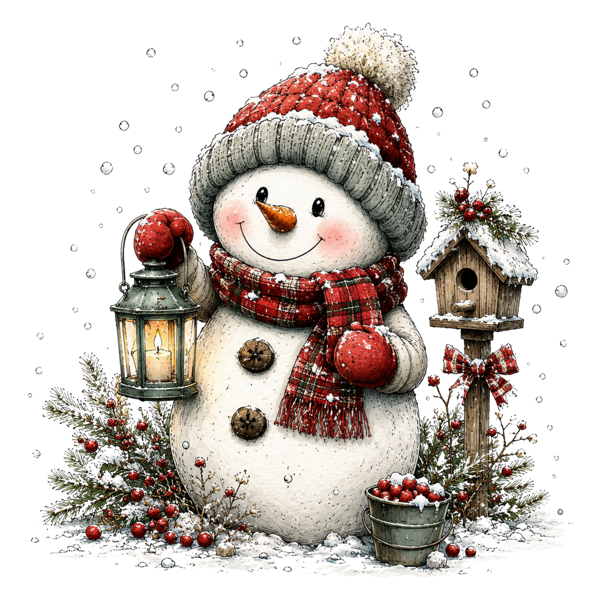Christmas Whimsy - Snowman with Birdhouse and Lantern DTF transfer