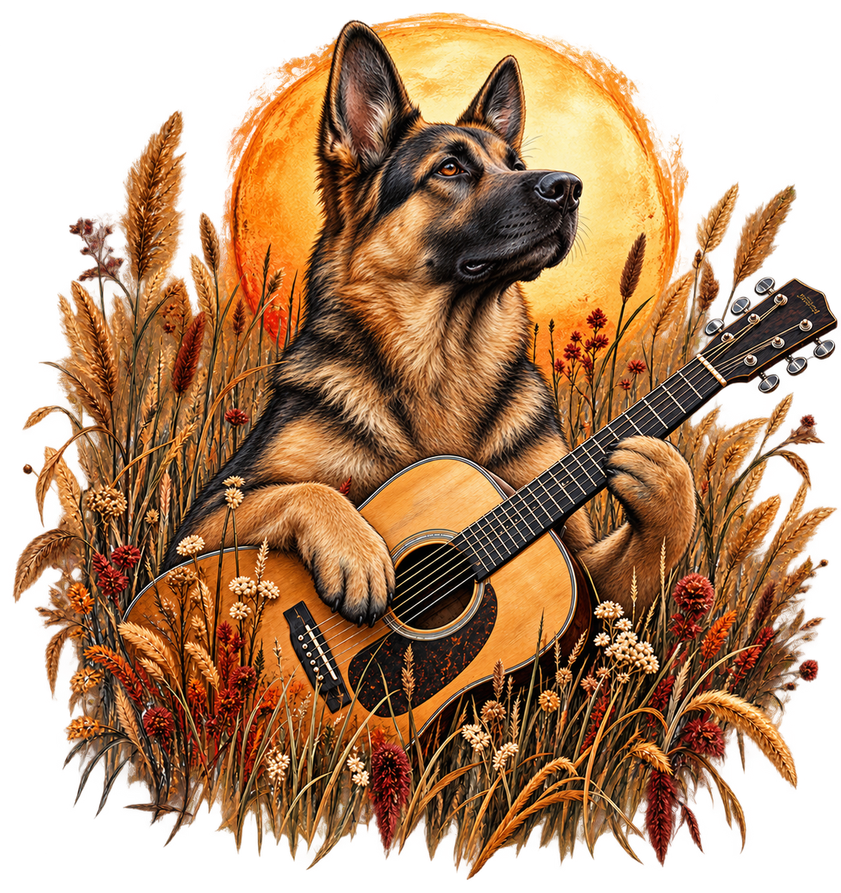 German Shepherd Playing Guitar DTF transfer