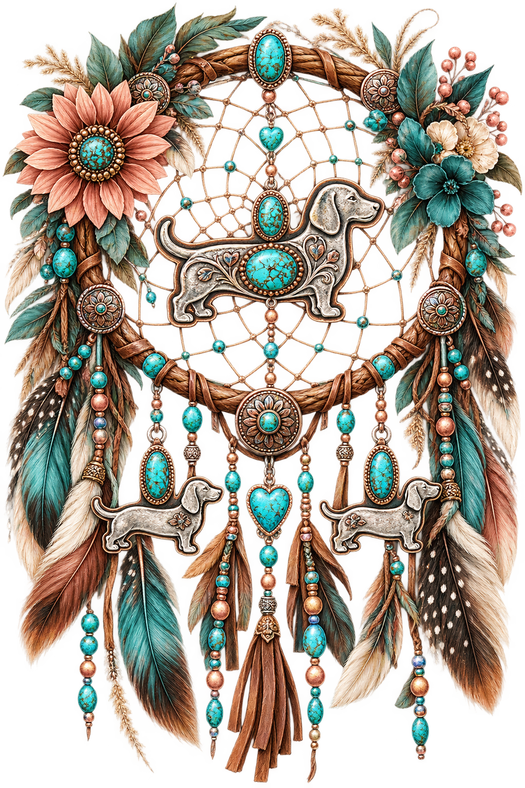 Boho Dachshund Turquoise Dreamcatcher DTF transfer