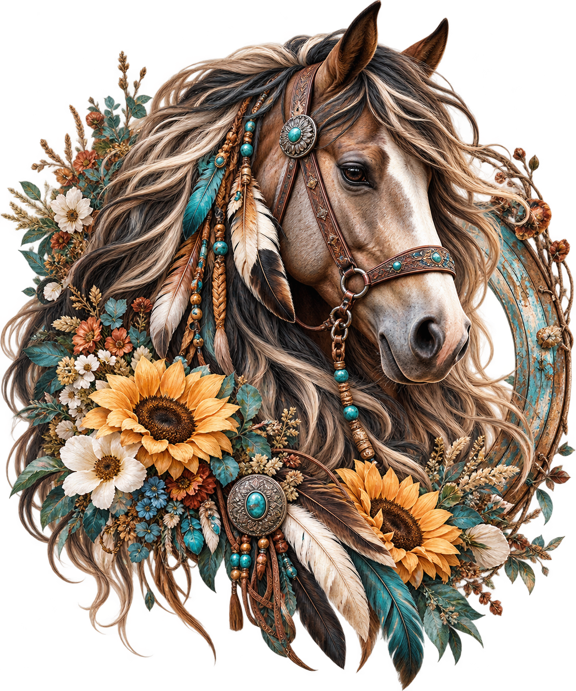 Boho Turquoise Horse Floral Wreath DTF transfer