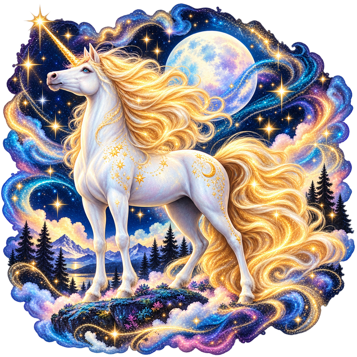 Celestial Golden-Mane Unicorn DTF transfer
