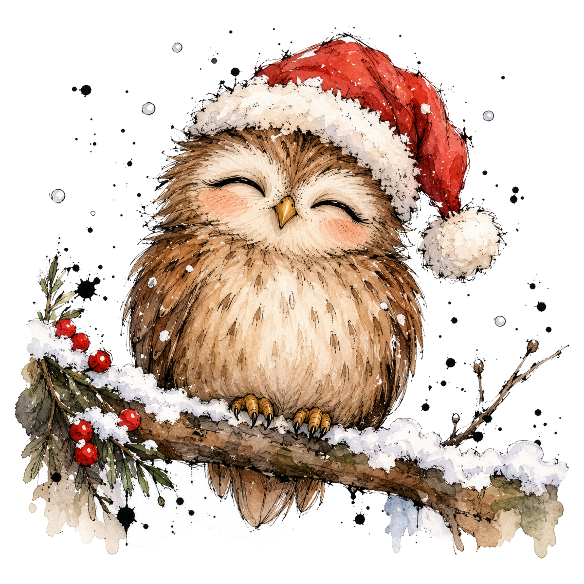Christmas Whimsy - Owl in Santa Hat on a Branch DTF transfer