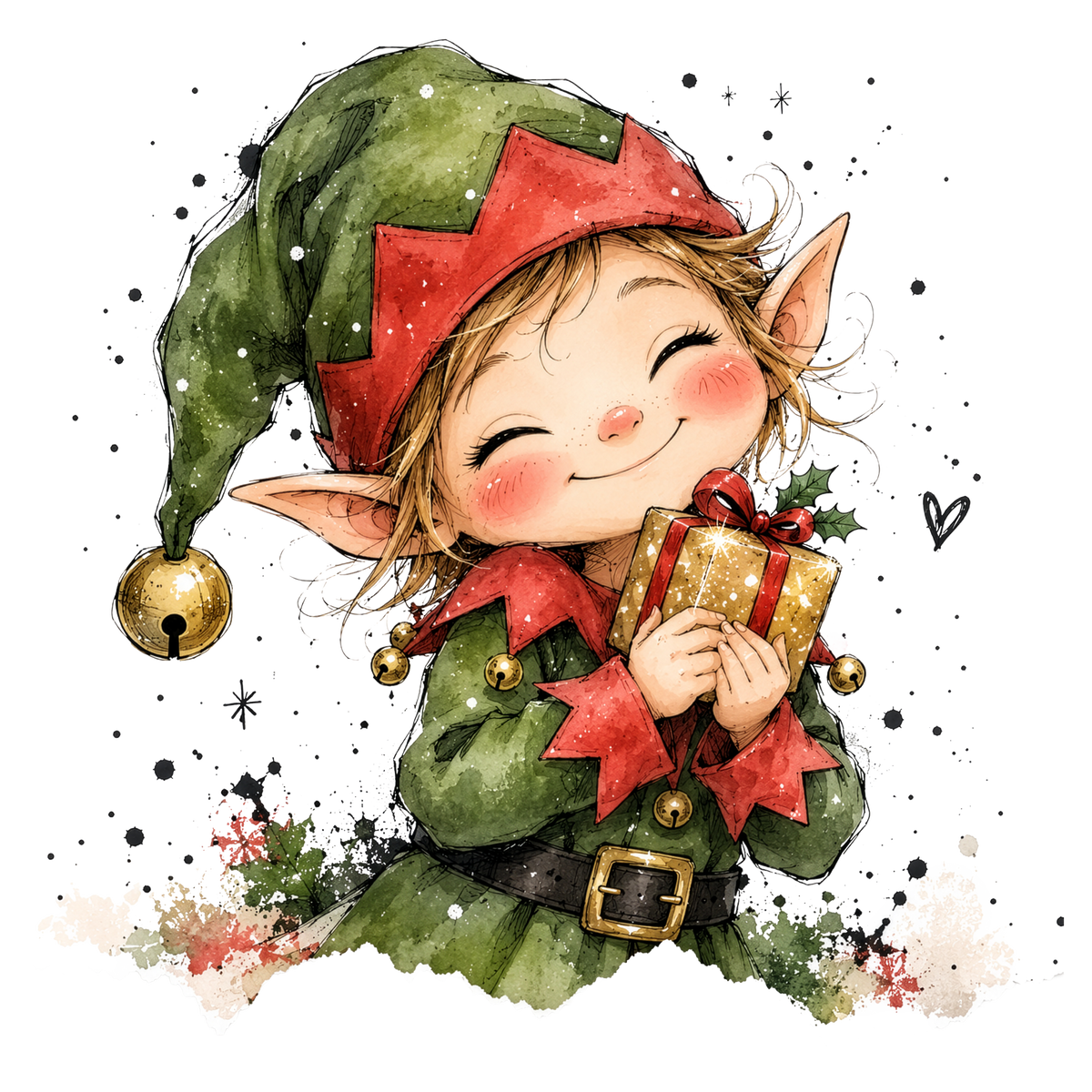 Christmas Whimsy - Little Elf with Gold Gift DTF transfer