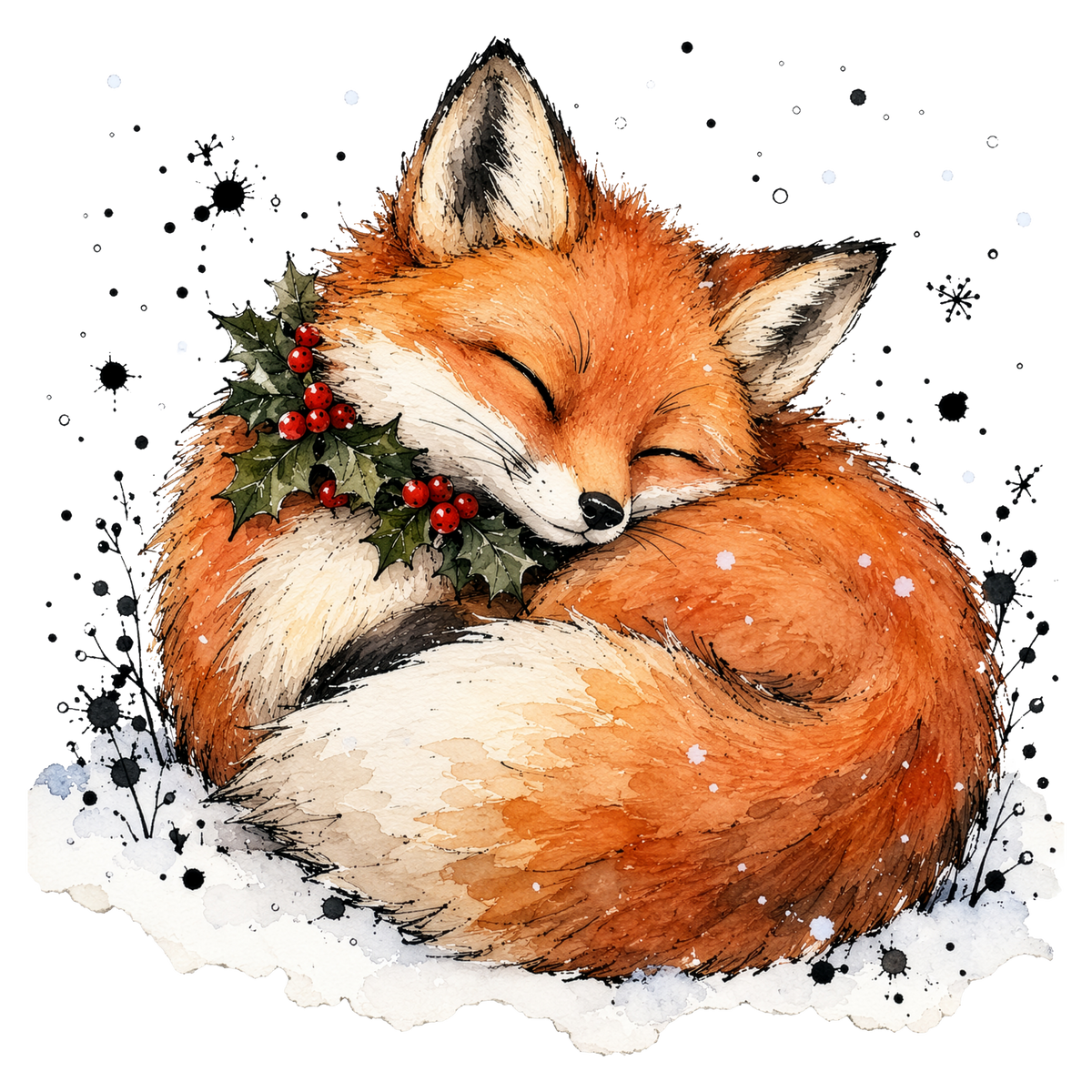 Christmas Whimsy - Sleeping Fox with Holly DTF transfer