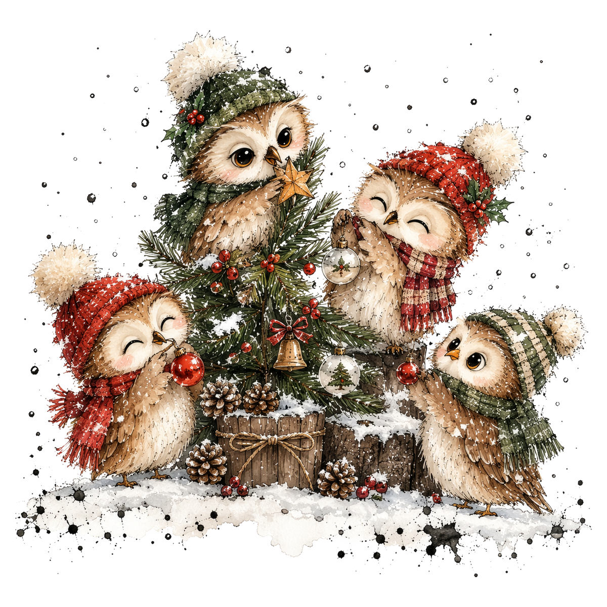 Christmas Whimsy - Owls Decorating the Tree DTF transfer