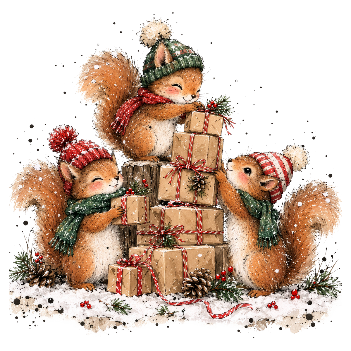 Christmas Whimsy - Squirrels Stacking Gifts DTF transfer