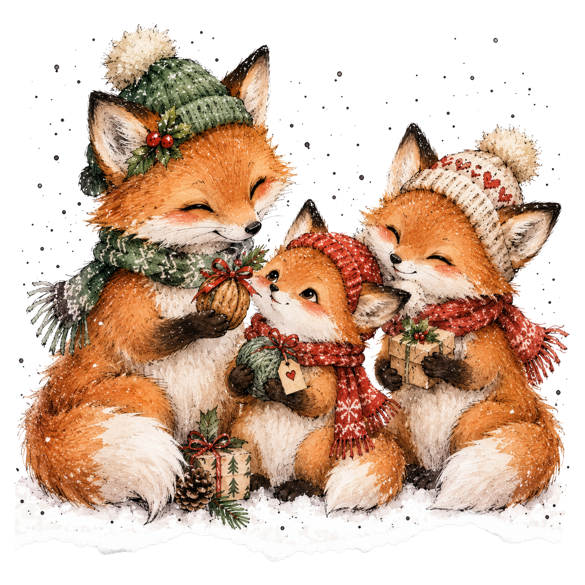 Christmas Whimsy - Fox Family in Knit Hats DTF transfer