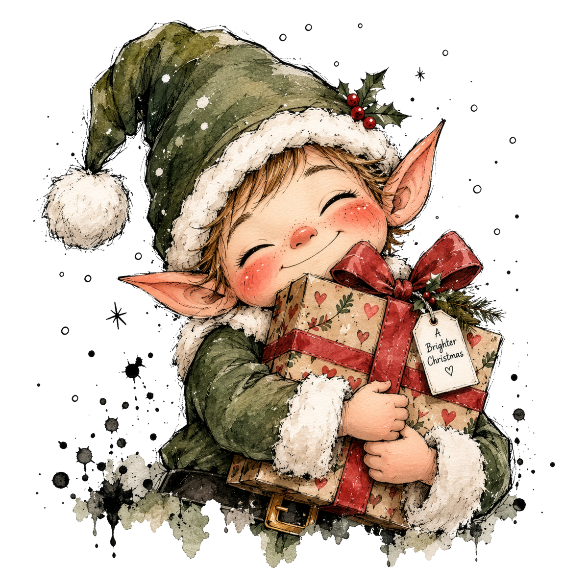 Christmas Whimsy - Elf Hugging a Gift DTF transfer