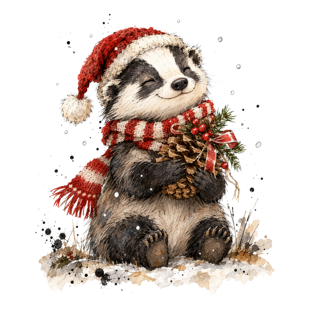 Christmas Whimsy - Badger with Pinecone DTF transfer