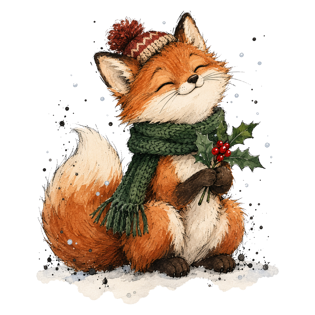 Christmas Whimsy - Fox in Green Scarf with Holly DTF transfer