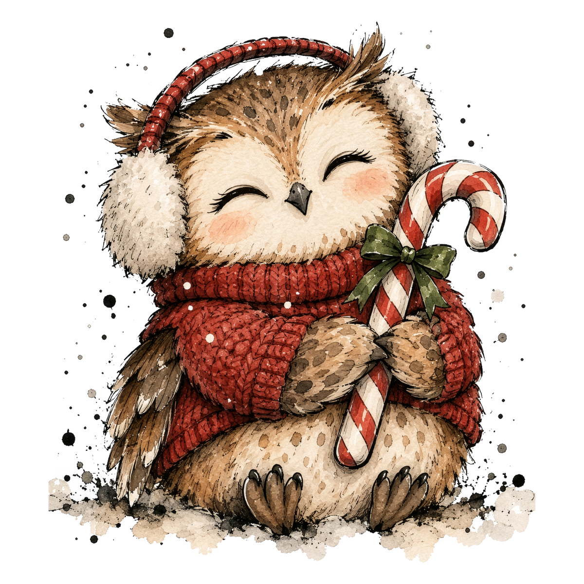 Christmas Whimsy - Owl with Earmuffs and Candy Cane DTF transfer