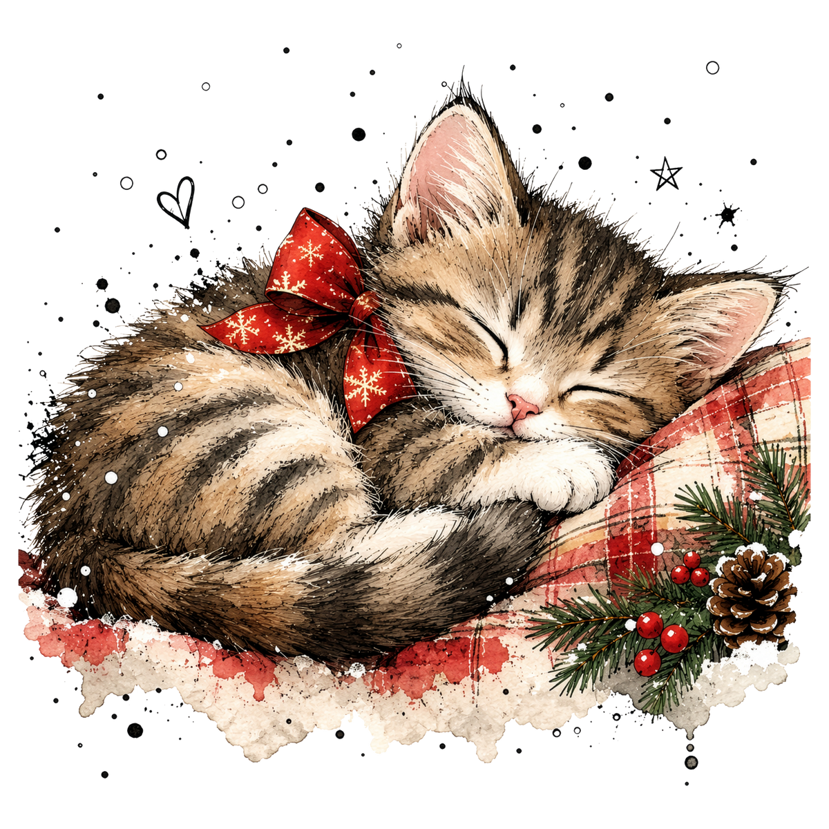 Christmas Whimsy - Sleeping Kitten with Red Bow DTF transfer