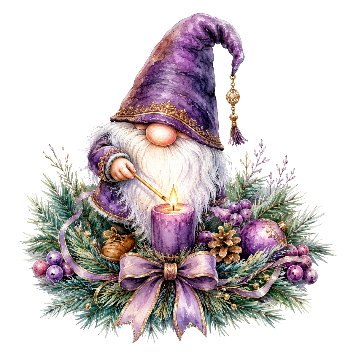 Christmas Gnome Purple Candle Lighting DTF transfer