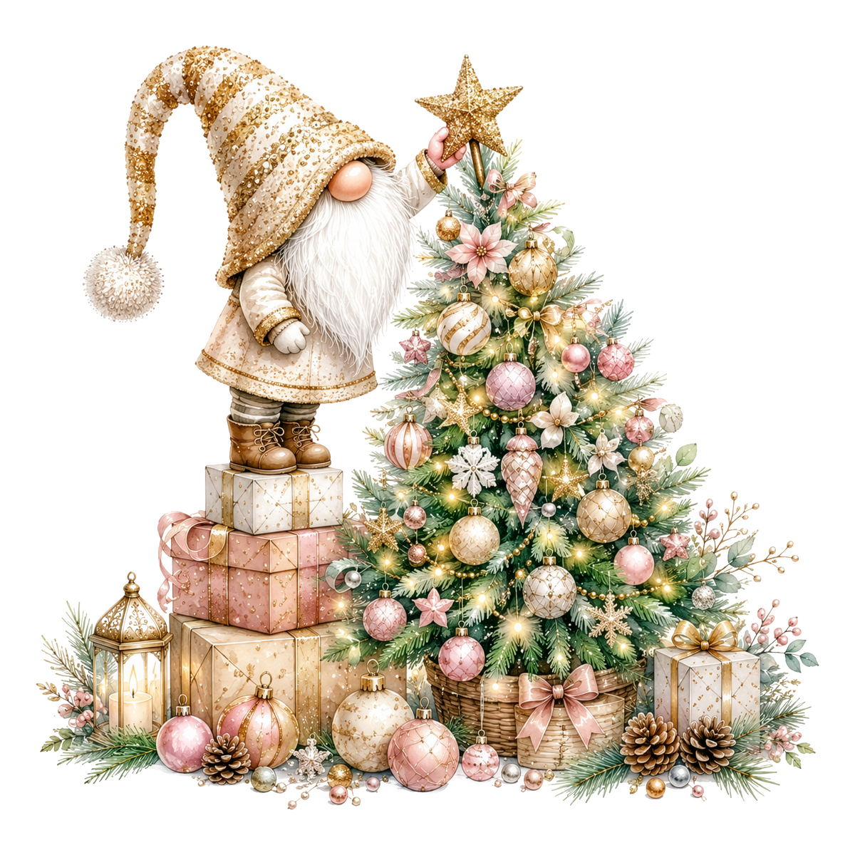 Christmas Gnome Pink and Gold Tree Topper DTF transfer