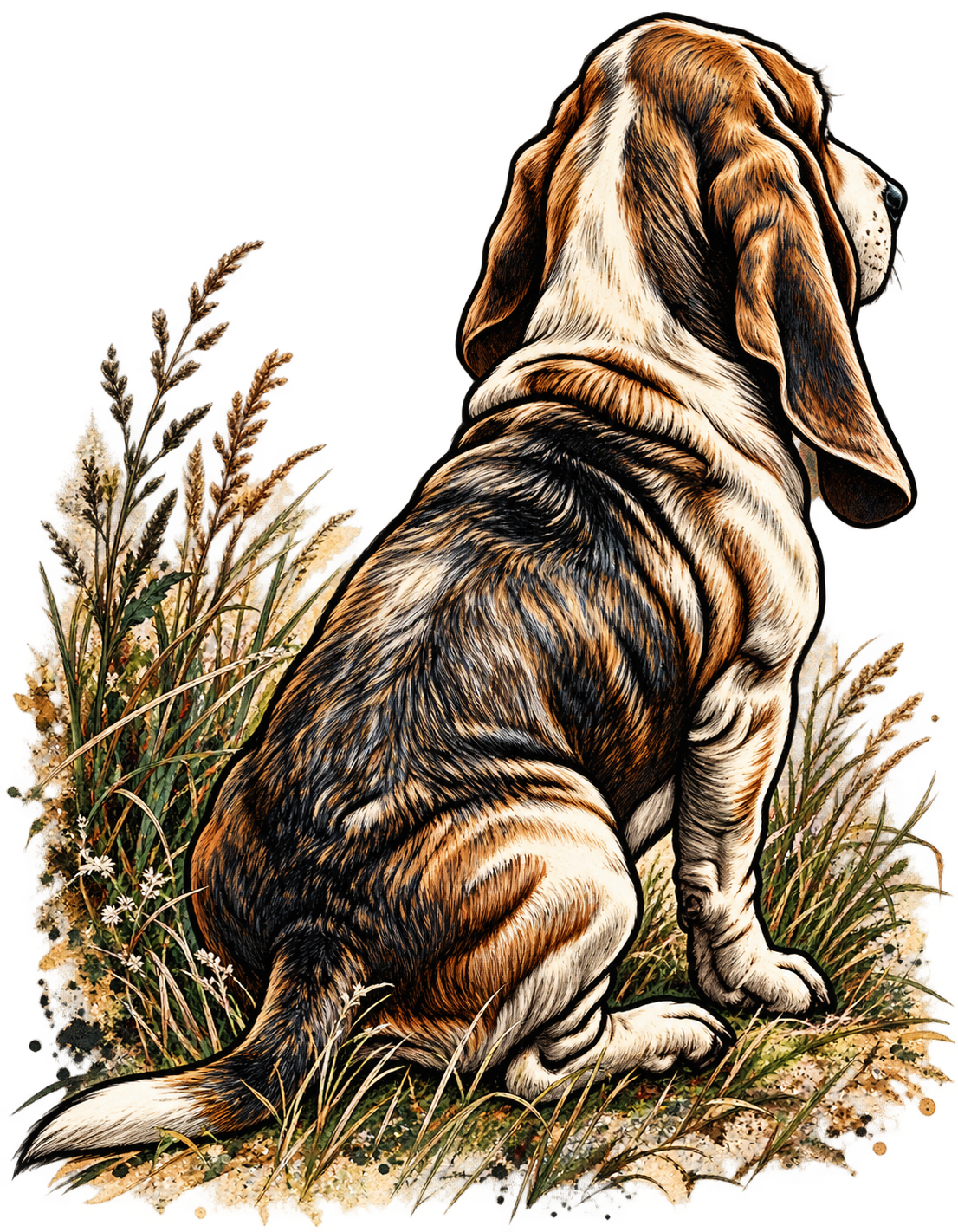 Basset Hound in Wild Grasses DTF transfer
