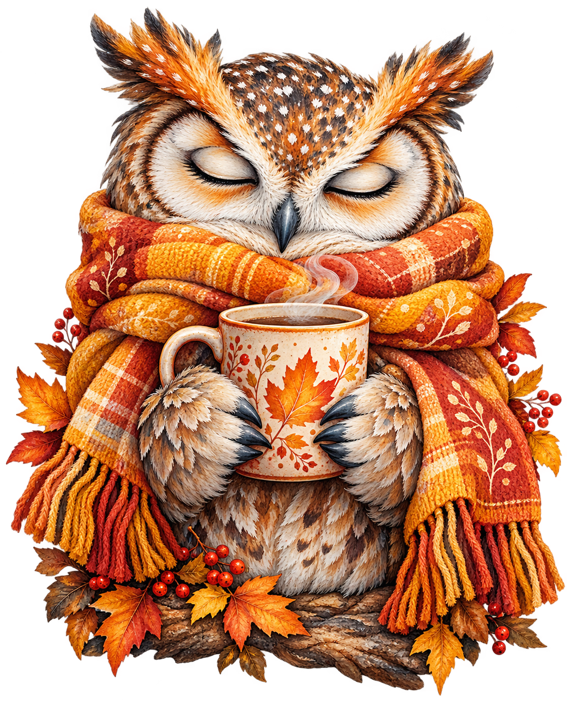 Cozy Autumn Owl with Hot Cocoa DTF transfer