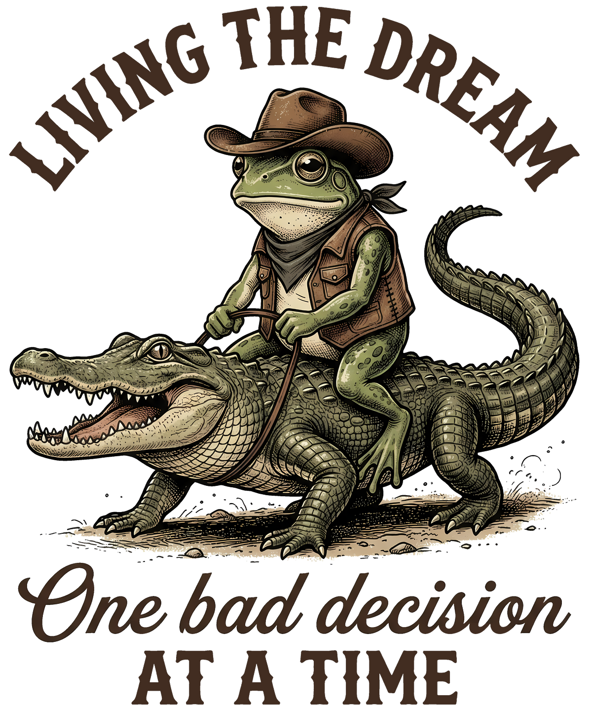Living the Dream Frog Riding a Gator DTF transfer