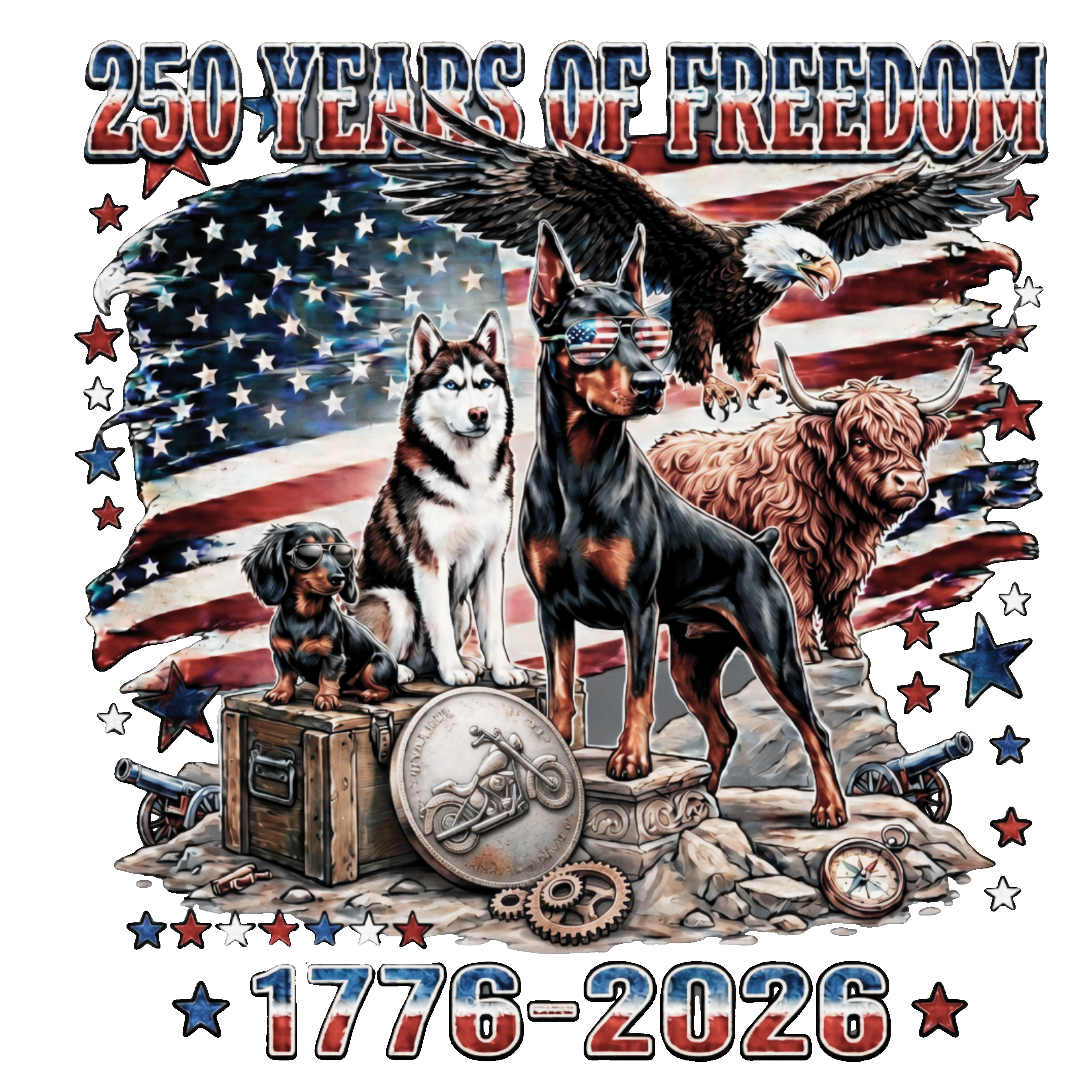 Flag, Eagle, Doberman, Highland, Husky, Dachshund