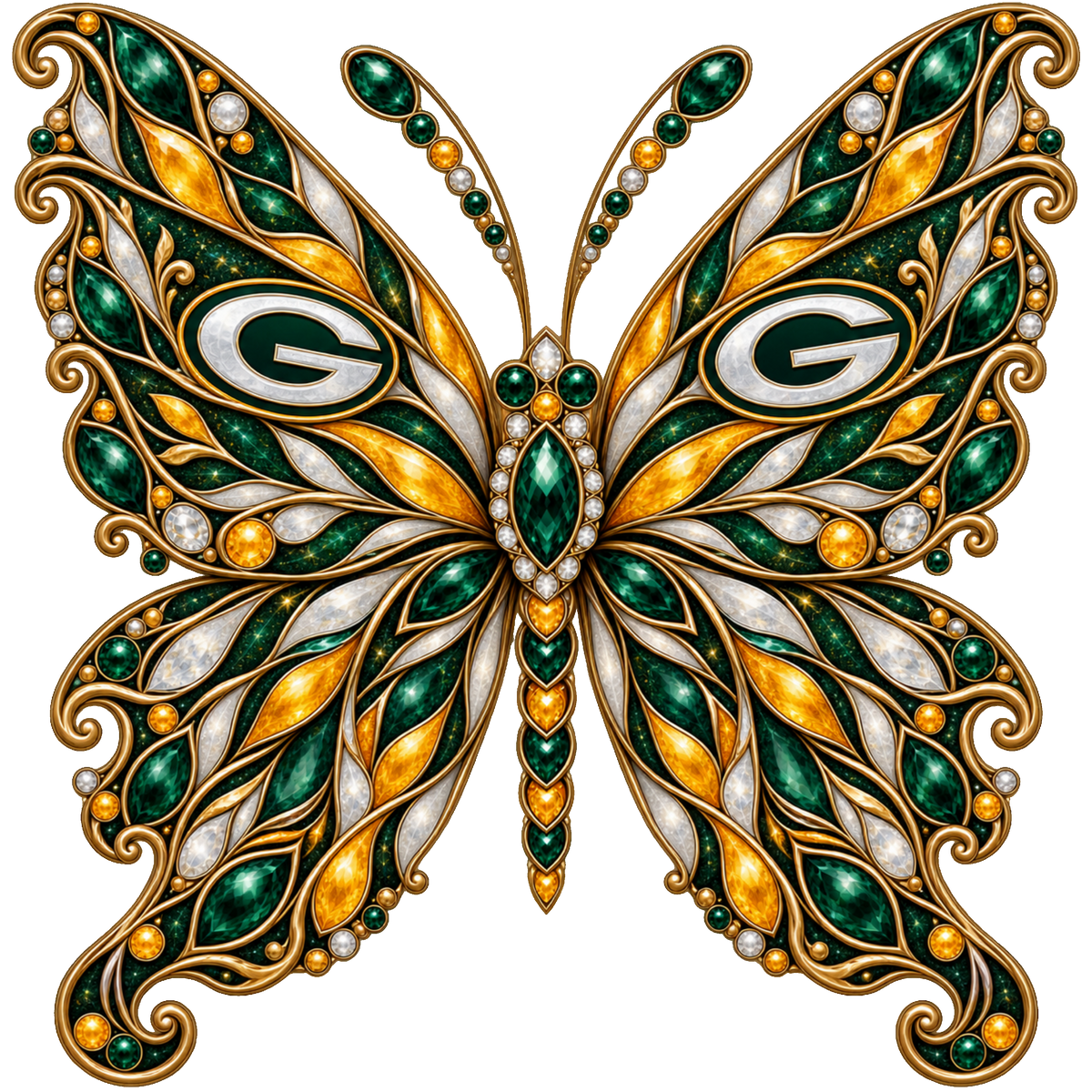 Green Bay Packers Jeweled Butterfly DTF transfer