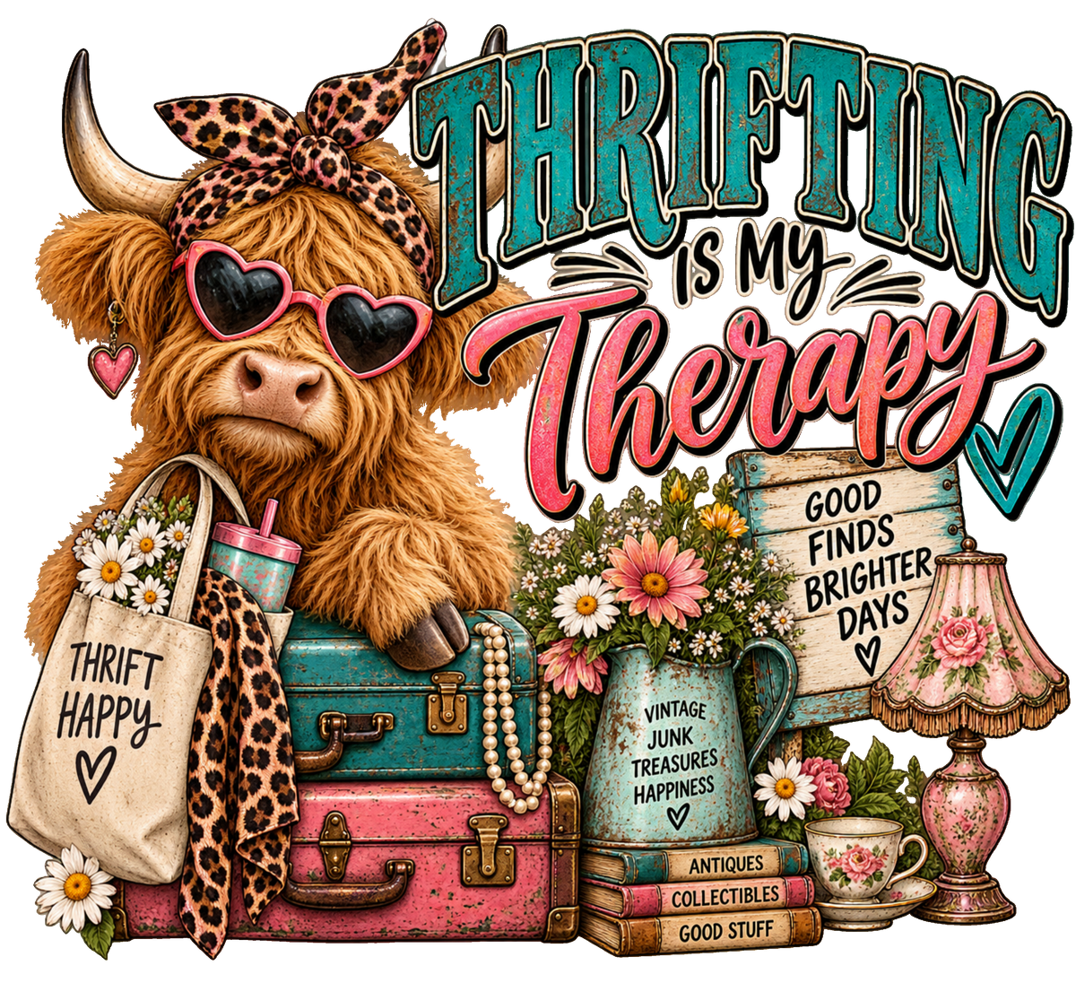 Thrifting Is My Therapy Highland Cow DTF transfer