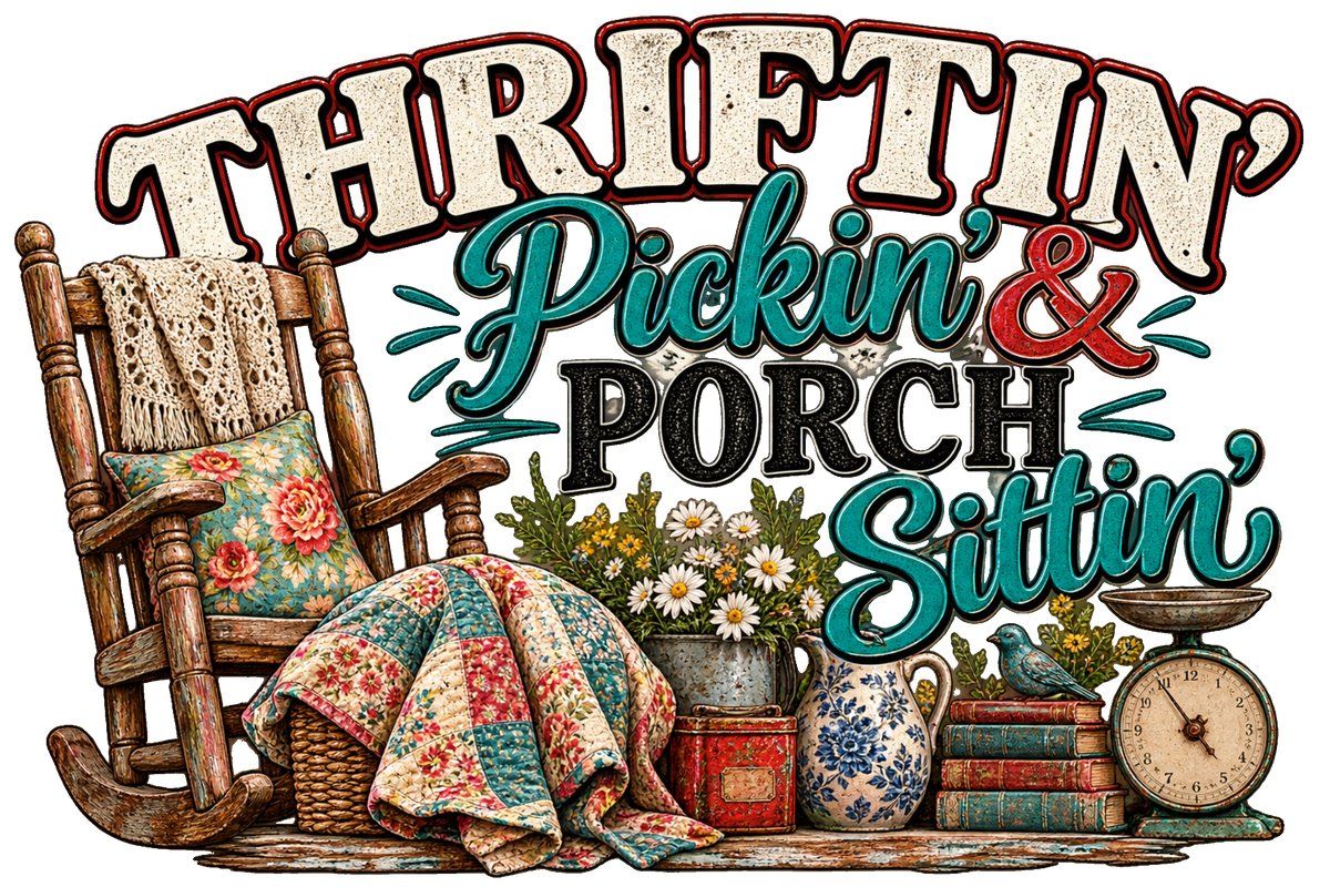 Thriftin' Pickin' & Porch Sittin' Retro Color DTF transfer