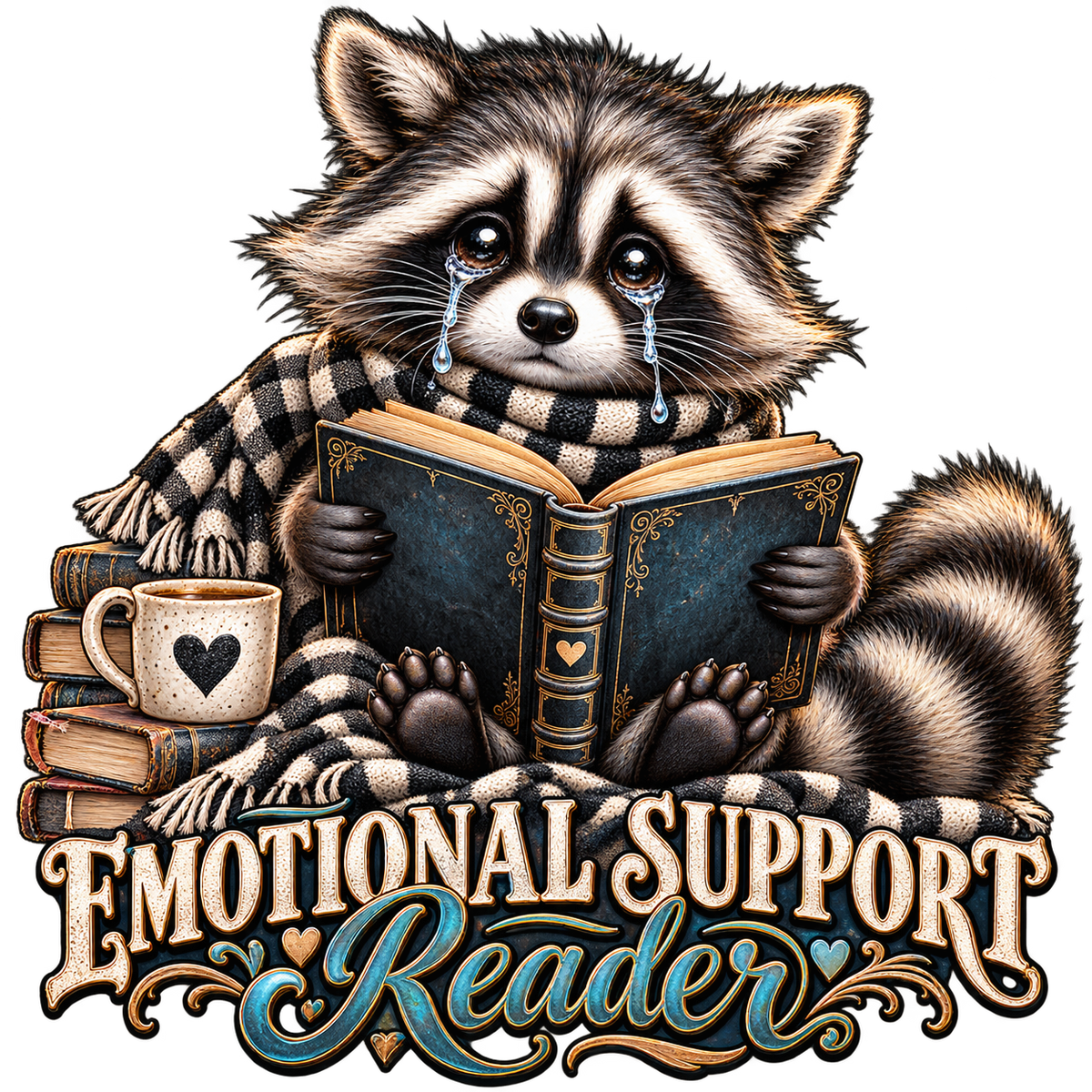 Emotional Support Reader Raccoon DTF transfer