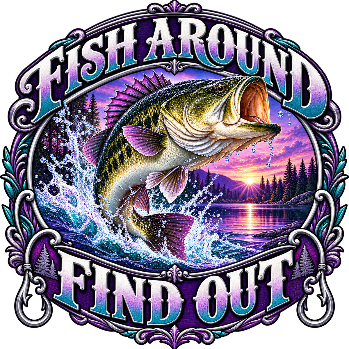 Fish Around Find Out Purple Bass Emblem DTF transfer