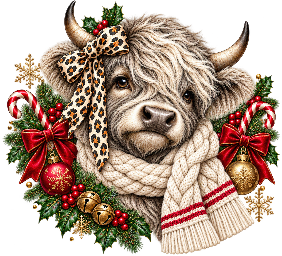 Highland Cow Christmas Wreath Portrait DTF transfer