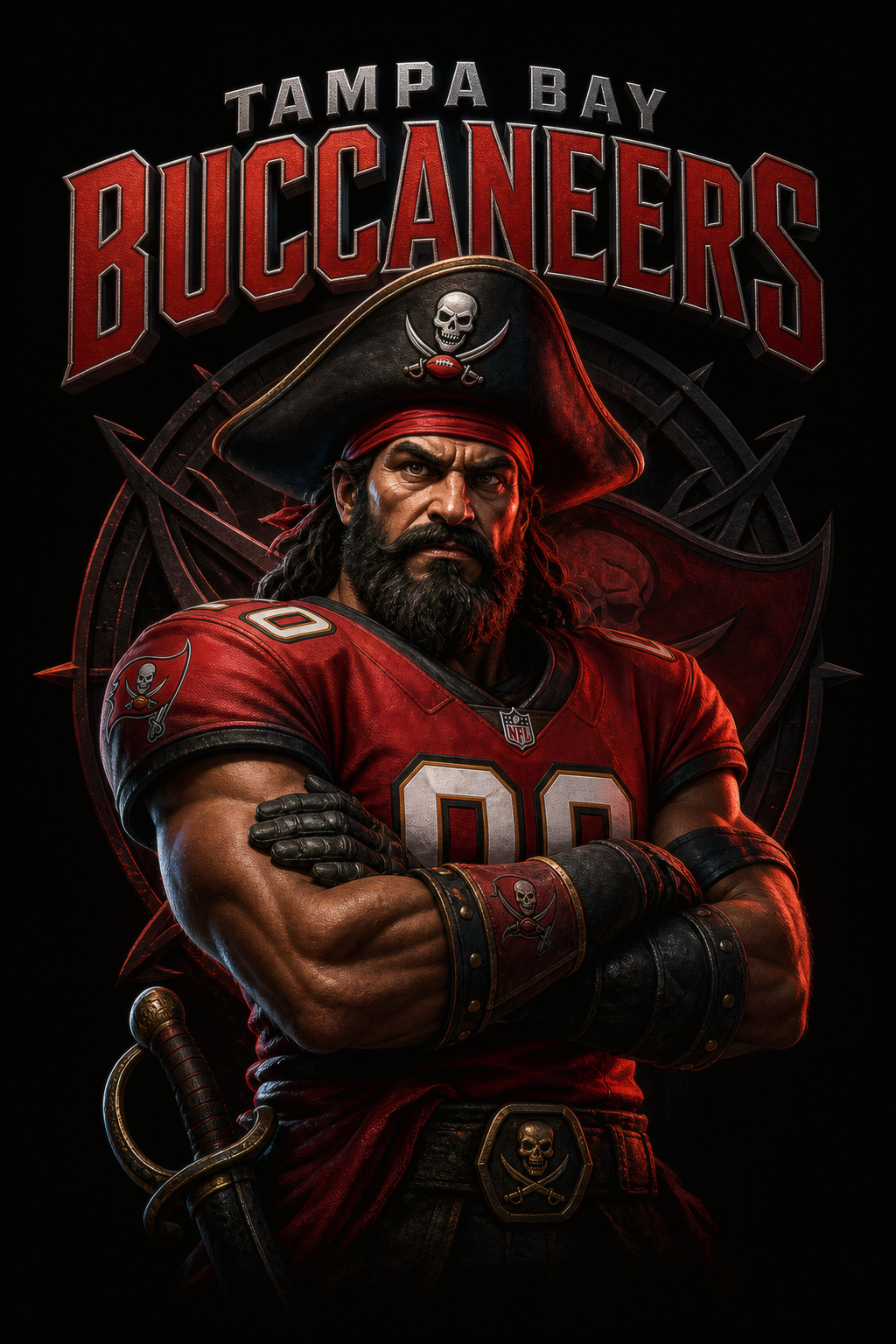 Tampa Bay Buccaneers Gridiron Halftone (Black Background)