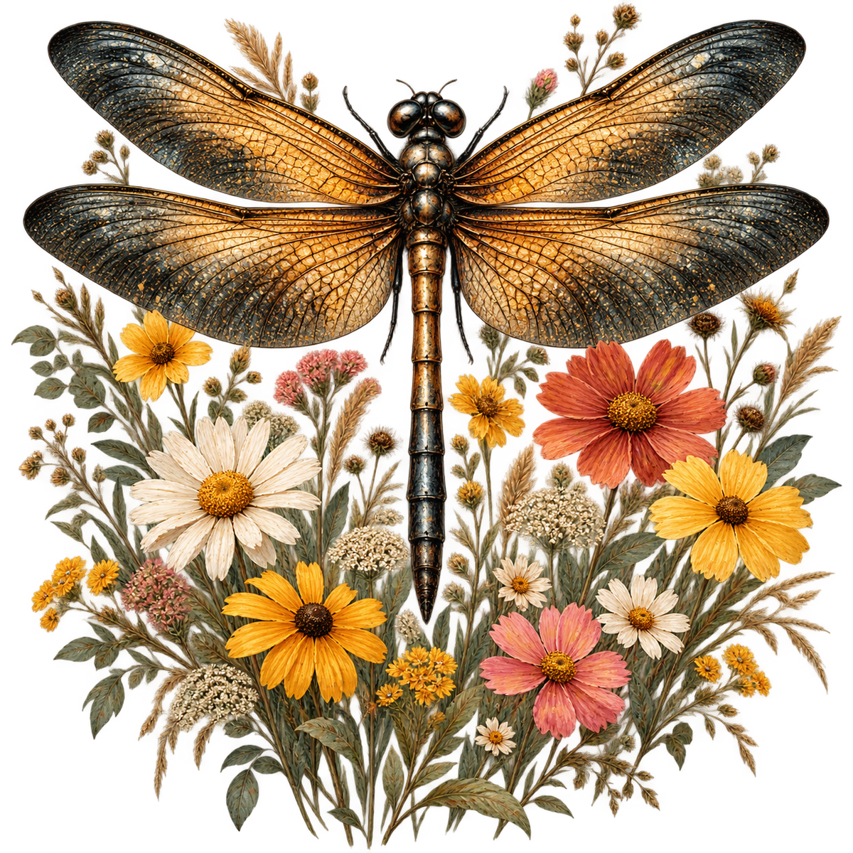 Golden Dragonfly Wildflower Crest DTF transfer