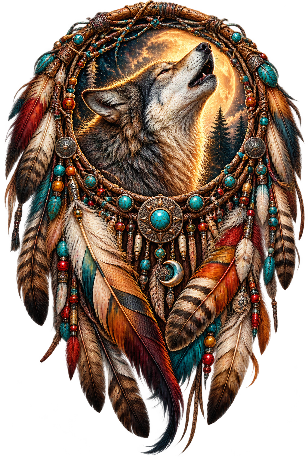 Howling Wolf Turquoise Dreamcatcher DTF transfer