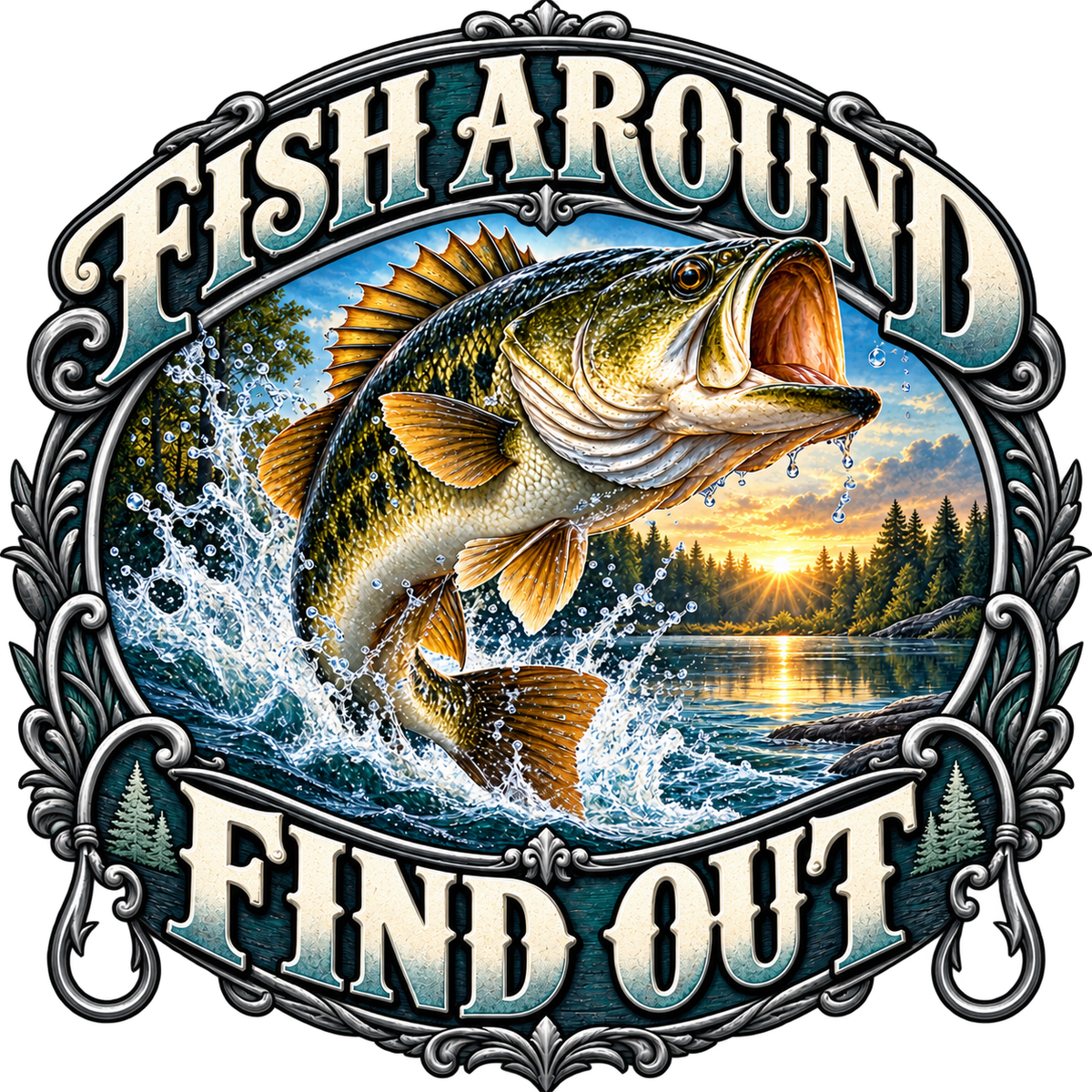 Fish Around Find Out Leaping Bass Crest DTF transfer