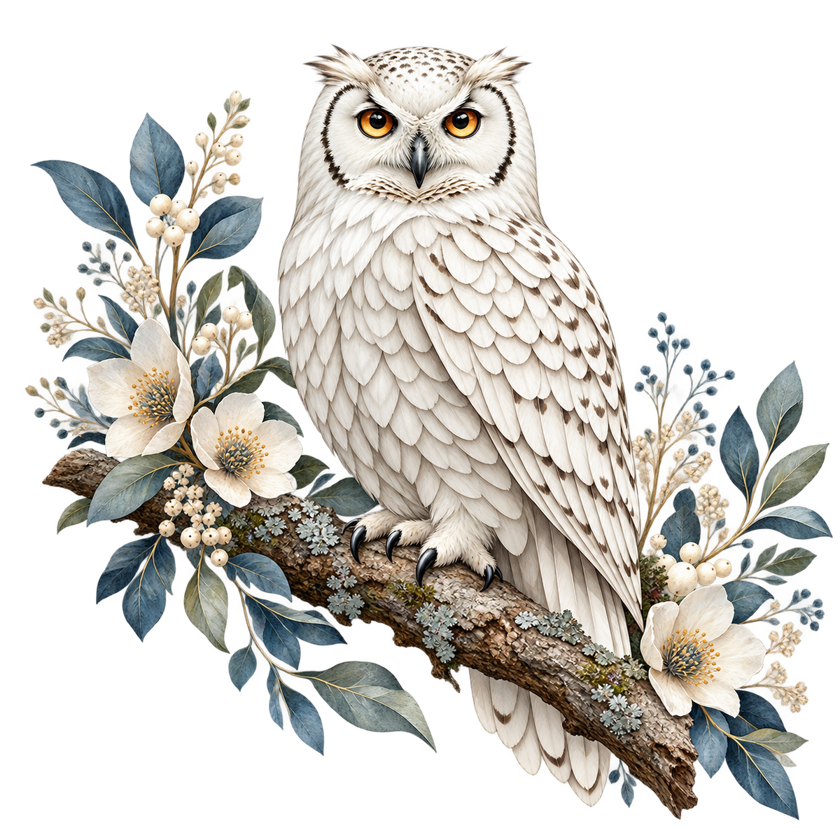 Snowy Owl Botanical DTF transfer