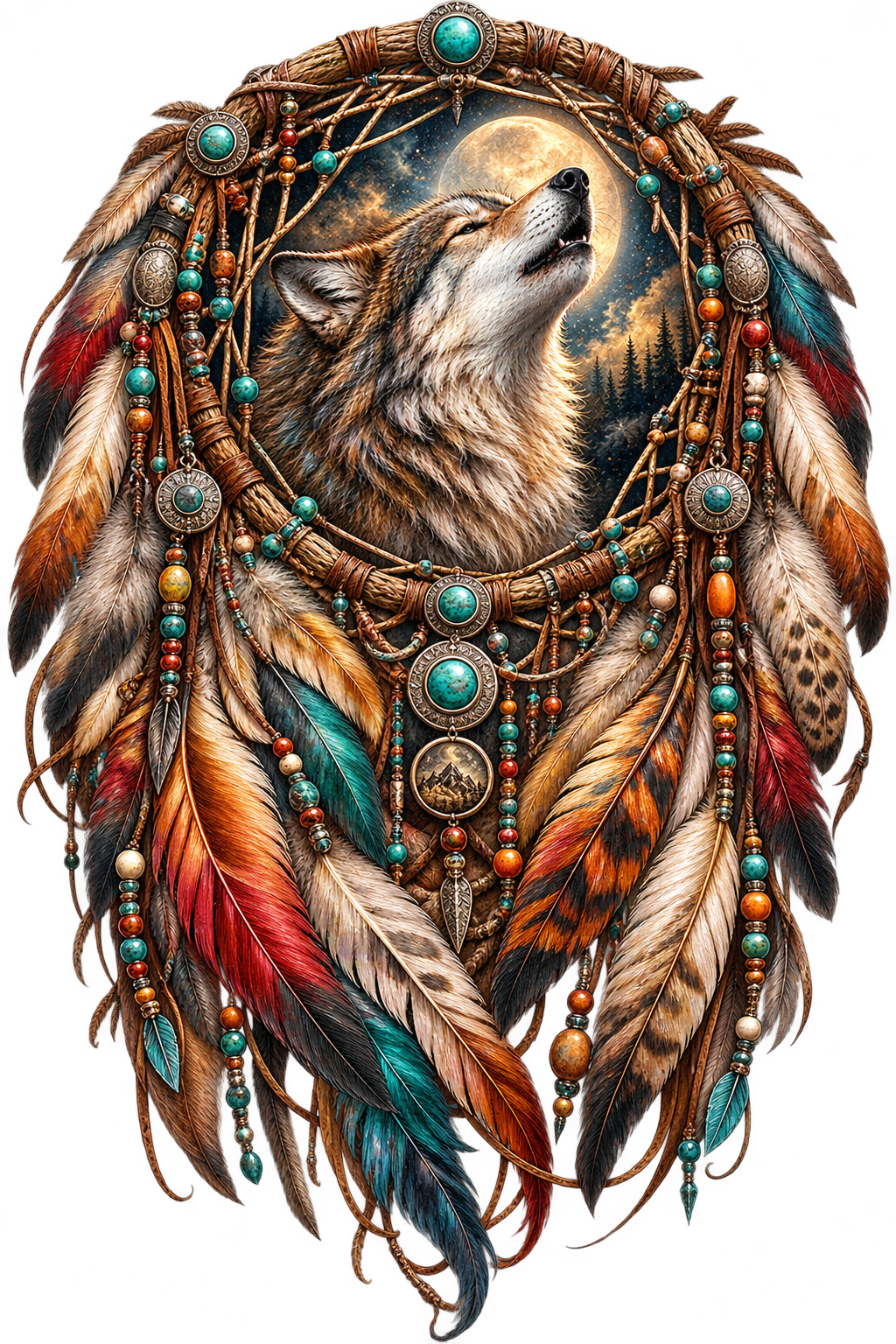 Moonlit Howling Wolf Dreamcatcher DTF transfer