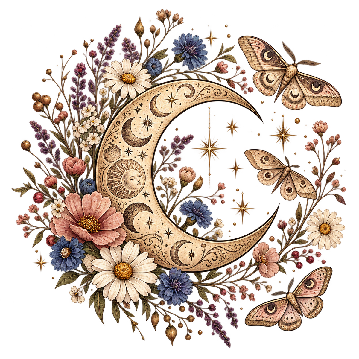 Celestial Floral Moon Wreath DTF transfer
