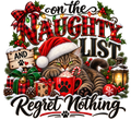 On the Naughty List and Regret Nothing Plaid Cat DTF transfer