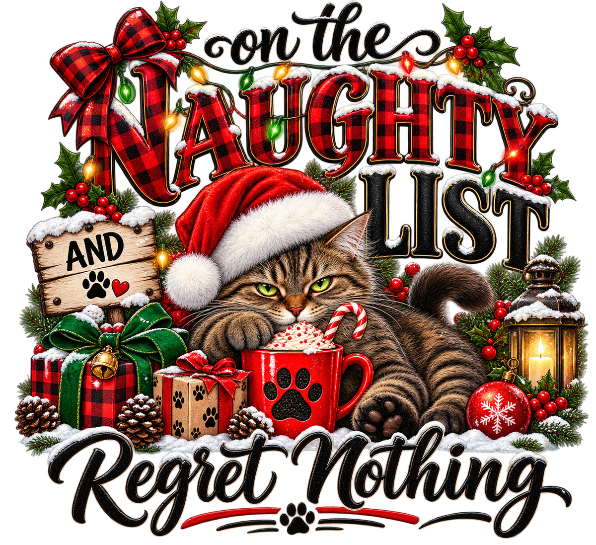On the Naughty List and Regret Nothing Plaid Cat DTF transfer